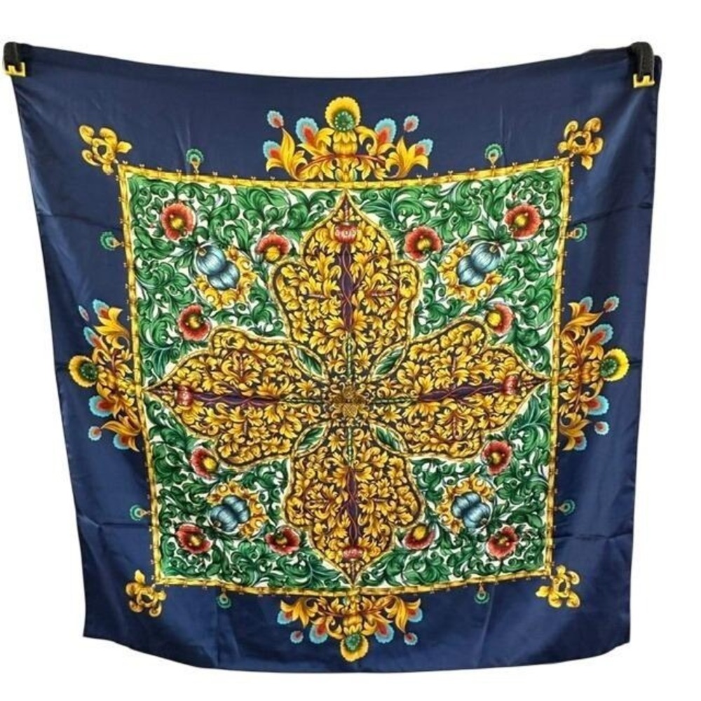 Vintage Metropolitan Museum of Art Silk Scarf Navy Baroque Medallion Floral 33in